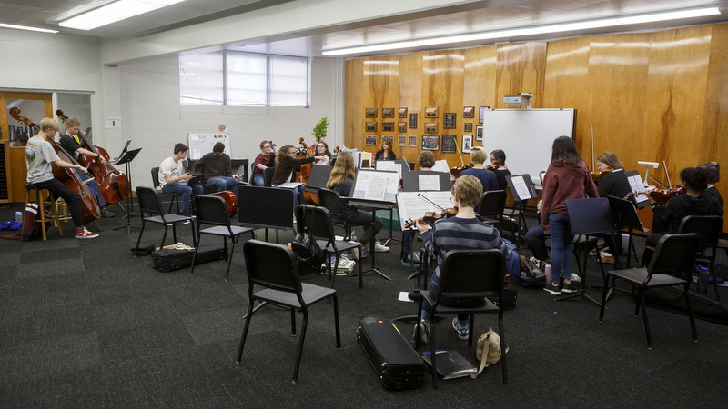 Staff photo by C.B. Schmelter / Students practice inside the string instrument classroom at Chattanooga Center for Creative Arts on Tuesday, Dec. 10, 2019 in Chattanooga, Tenn.