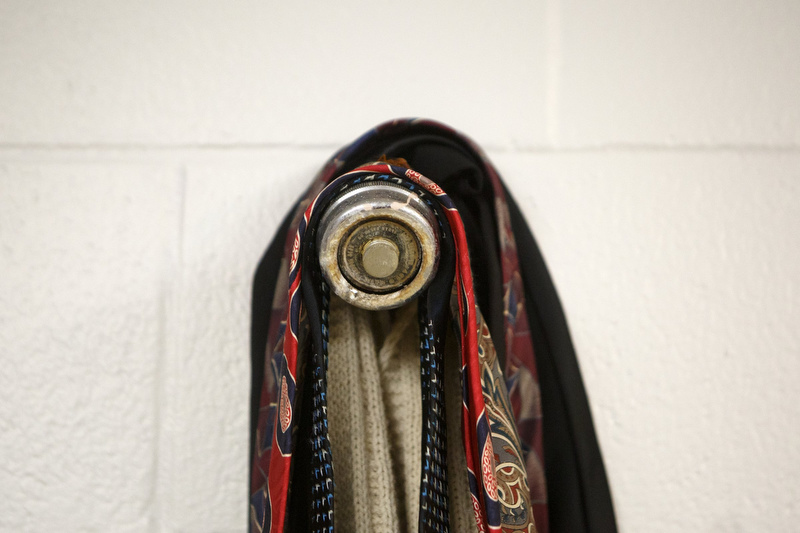 Staff photo by C.B. Schmelter / Parts of costumes are hung on an old shower head at Chattanooga Center for Creative Arts on Tuesday, Dec. 10, 2019 in Chattanooga, Tenn.