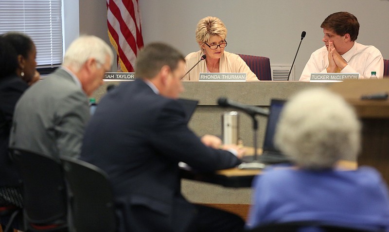 Staff File Photo By Erin O. Smith / Hamilton County Board of Education member Rhonda Thurman makes a point during a July school board meeting while fellow board member Tucker McClendon looks on.