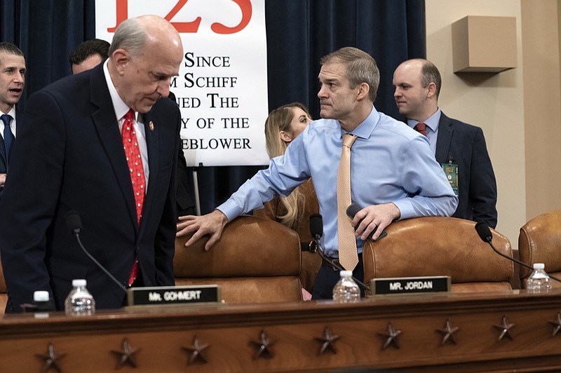 Rep. Louie Gohmert, R-Texas, left, and Rep. Jim Jordan, R-Ohio, arrive for the vote on two articles of impeachment against President Donald Trump, Friday, Dec. 13, 2019, on Capitol Hill in Washington. (AP Photo/J. Scott Applewhite)


