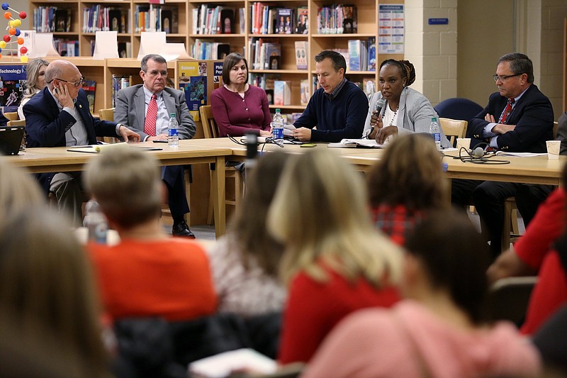 Staff photo by Erin O. Smith / Hamilton County Commissioner Katherlyn Geter, second from right, speaks during a Hamilton County school board and Hamilton County Commission joint meeting Monday, December 9, 2019 at Red Bank Middle School in Red Bank, Tennessee. The meeting was held ahead of the 2020 budget cycle.