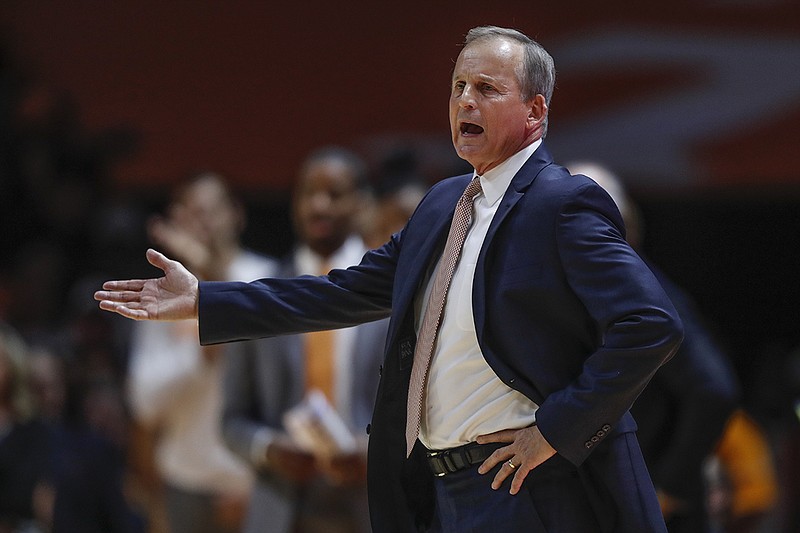 Tennessee men's basketball coach Rick Barnes reacts to a call during the first half of Saturday's home game against Memphis. / AP photo by Wade Payne