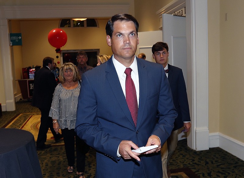 FILE - In this Tuesday, Nov. 6, 2018, file photo, Geoff Duncan, Republican candidate for Georgia lieutenant governor, arrives at an election-night watch party in Athens, Ga. A new report is raising concerns about a Georgia law that provides tax credits for donations to rural hospitals in the state that are struggling financially. Lt. Gov. Geoff Duncan, who championed the tax credit in the Georgia legislature, said in a statement, Friday, Dec. 13, 2019 that he expected to see some changes, but wants "to ensure it continues to be a vital lifeline to rural communities and their ability to deliver quality healthcare all across this state." (AP Photo/John Bazemore, File)