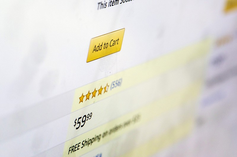 A customer rating for a product for sale on Amazon.com is displayed on a computer screen on Monday, Dec. 16, 2019, in New York. Online reviews at major retailers such as Amazon and Walmart and listing services such as Yelp look like a good place to get first-hand information from people who've tried a product or merchant.(AP Photo/Jenny Kane)