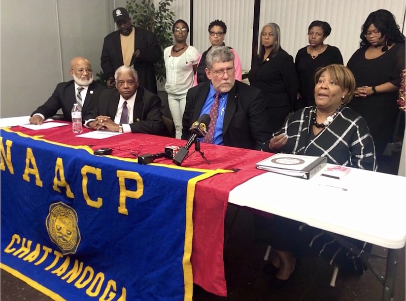 NAACP President Elenora Woods and attorney Robin Flores speak to the media at a press conference to discuss Hamilton County Sheriff's Deputy Daniel Wilkey on Monday, Dec. 16, 2019.