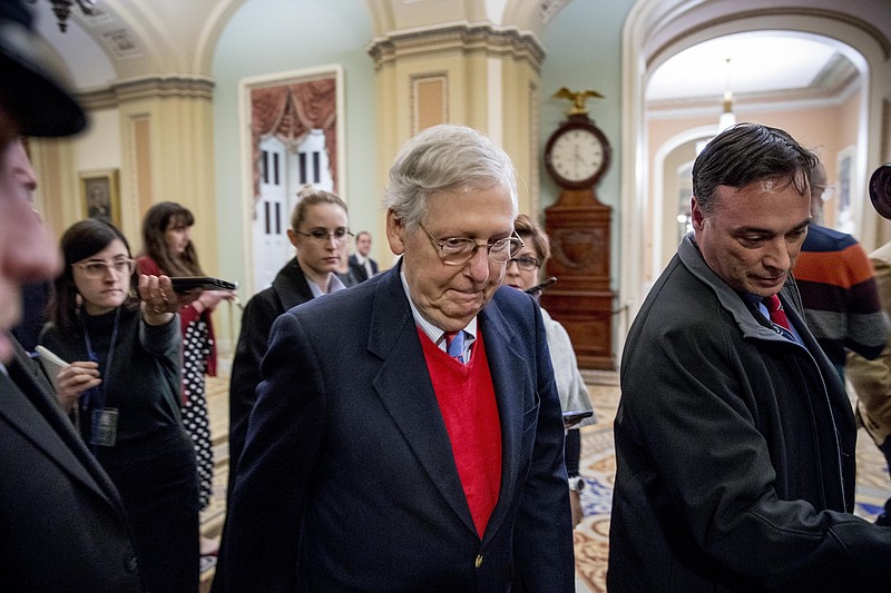 Senate Majority Leader Mitch McConnell of Ky., walks to the Senate Chamber, Monday, Dec. 16, 2019, on Capitol Hill in Washington. (AP Photo/Andrew Harnik)

