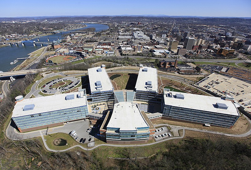 An aerial view of the Blue Cross Blue Shield of Tennessee headquarters in downtown Chattanooga is shown in this 2012 staff file photo. / Staff file photo