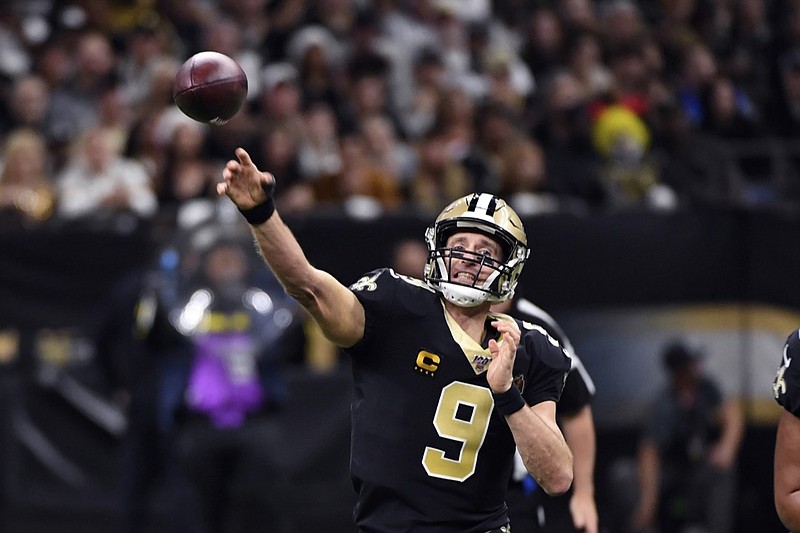 New Orleans Saints quarterback Drew Brees (9) passes in the first half of an NFL football game against the Indianapolis Colts in New Orleans, Monday, Dec. 16, 2019. (AP Photo/Bill Feig)