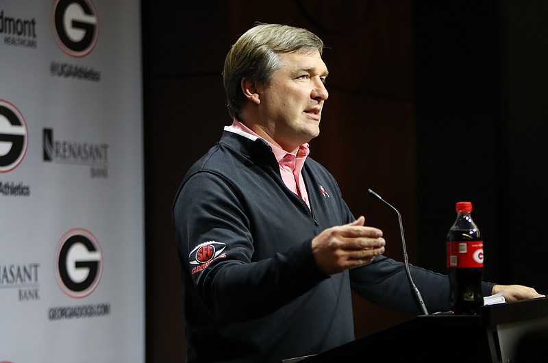 Georgia football coach Kirby Smart discusses his early signees during a news conference Wednesday in Athens. / Georgia photo by Chamberlain Smith