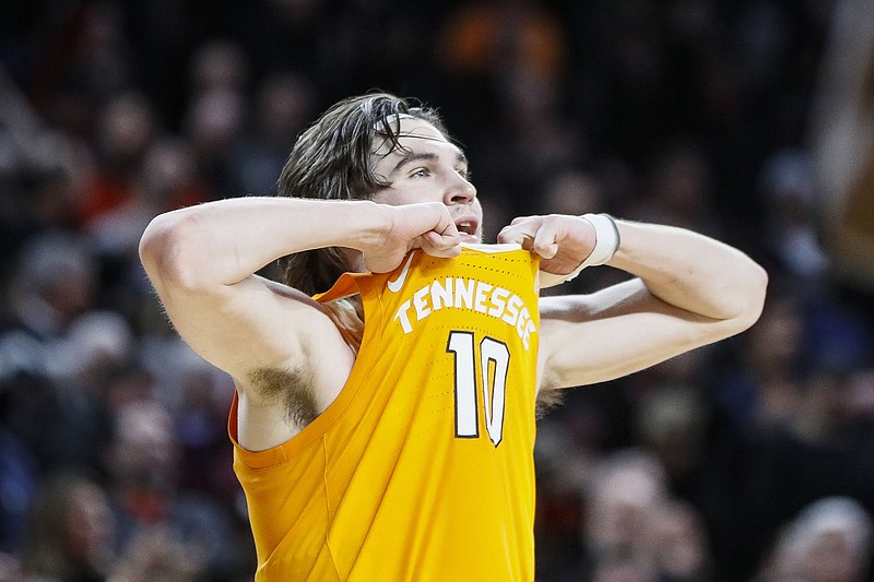 Tennessee's John Fulkerson reacts after the Vols' 78-66 loss at Cincinnati on Wednesday. Fulkerson, a redshirt junior, is being counted much more than during his first two seasons at Tennessee as the Vols try to adjust to the loss of most of their playmakers from last season's 31-win team. / AP photo by John Minchillo