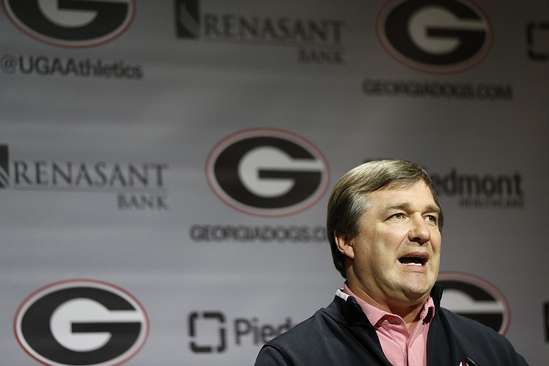 AP photo by Joshua L. Jones / Georgia football coach Kirby Smart speaks with members of the media about the Bulldogs' 2020 signing class to that point on Dec. 18, 2019.