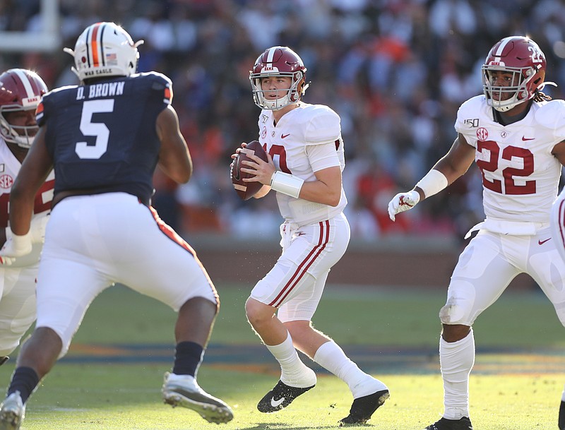 Alabama redshirt sophomore quarterback Mac Jones is moving on from last month's Iron Bowl loss at Auburn, where he threw for 335 yards and four touchdowns but had two interceptions returned for scores. / Photo by Crimson Tide Photos