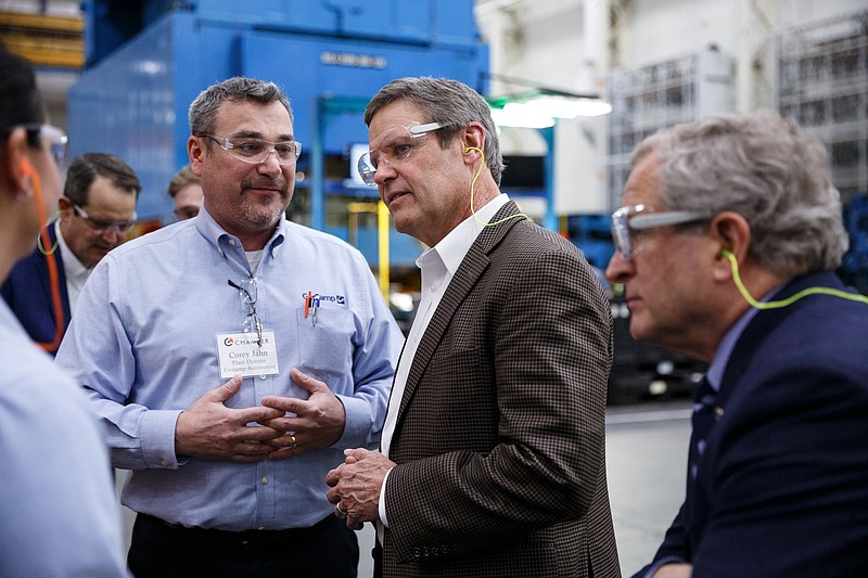 Plant director Corey Jahn, left, speaks with Gov. Bill Lee as he tours Gestamp Inc. on Friday, Feb. 1, 2019, in Chattanooga, Tenn. This was Gov. Lee's first visit to Chattanoga as Governor of Tennessee.