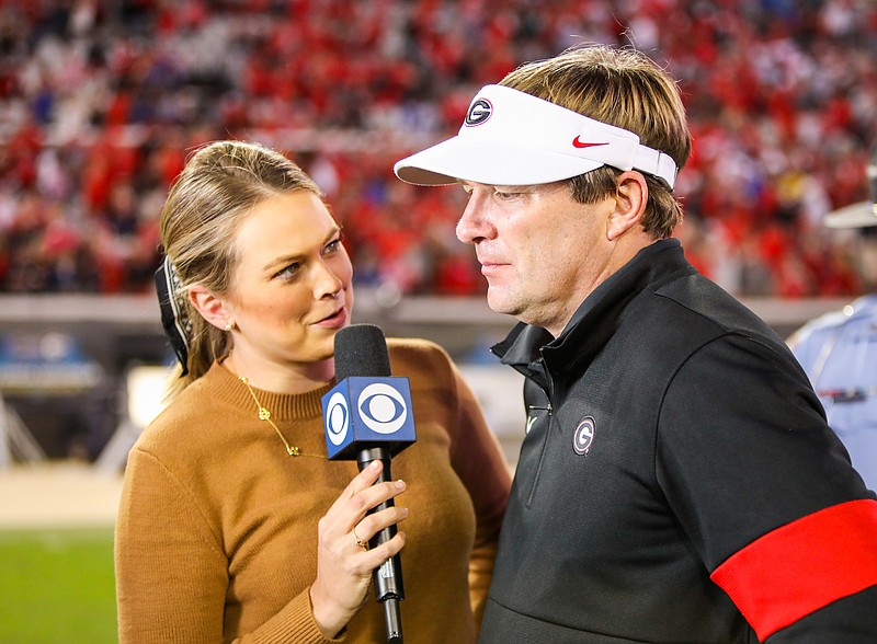 CBS sideline reporter Jamie Erdahl interviews Georgia football coach Kirby Smart after his Bulldogs topped Florida 24-17 in early November. / Georgia photo by Chamberlain Smith