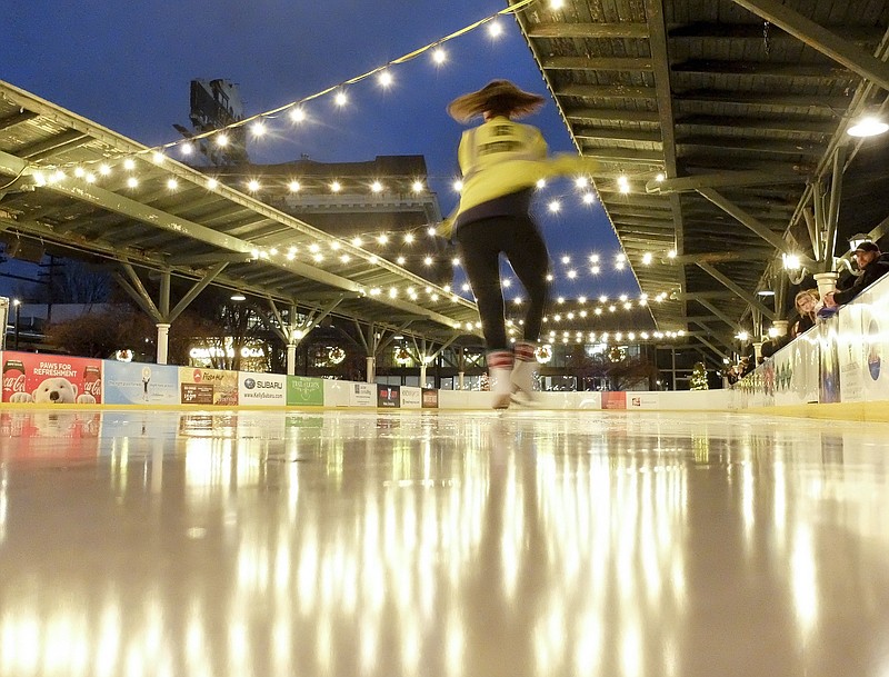 Hailey Robinson spins on freshly groomed ice following the Zamboni treatment at Ice on the Landing at the Chattanooga Choo Choo, Dec. 9, 2019. / Staff photo by Tim Barber