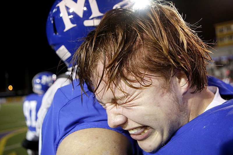 Staff photo by C.B. Schmelter / McCallie's James Howard celebrates after defeating MBA in the Division II-AAA BlueCross Bowl state championship at Tennessee Technological University's Tucker Stadium on Thursday, Dec. 5, 2019 in Cookeville, Tenn.