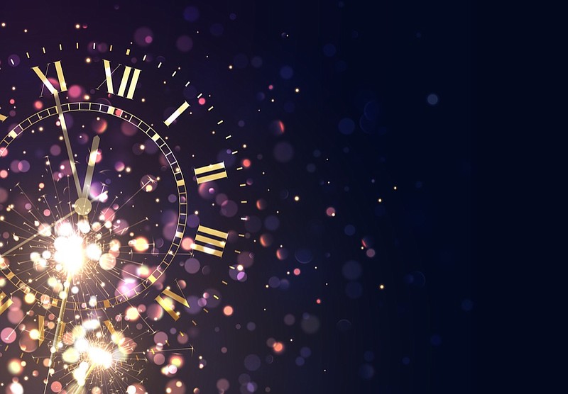 New Years background vintage gold shining clock report time five minutes to midnight. new year tile new year's new year's eve tile clock confetti celebration resolution / Getty Images
