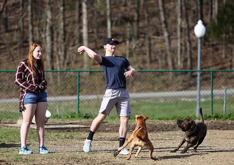 Elizabeth Woodall and Caelan Cline play with their dogs Goldie and Zeus Monday, February 25, 2019 at the Red Bank Dog Park in Red Bank, Tennessee. The two say they regularly brings their dogs to the dog park, but haven't been in a while due to all of the rain. / Staff photo by Erin O. Smith