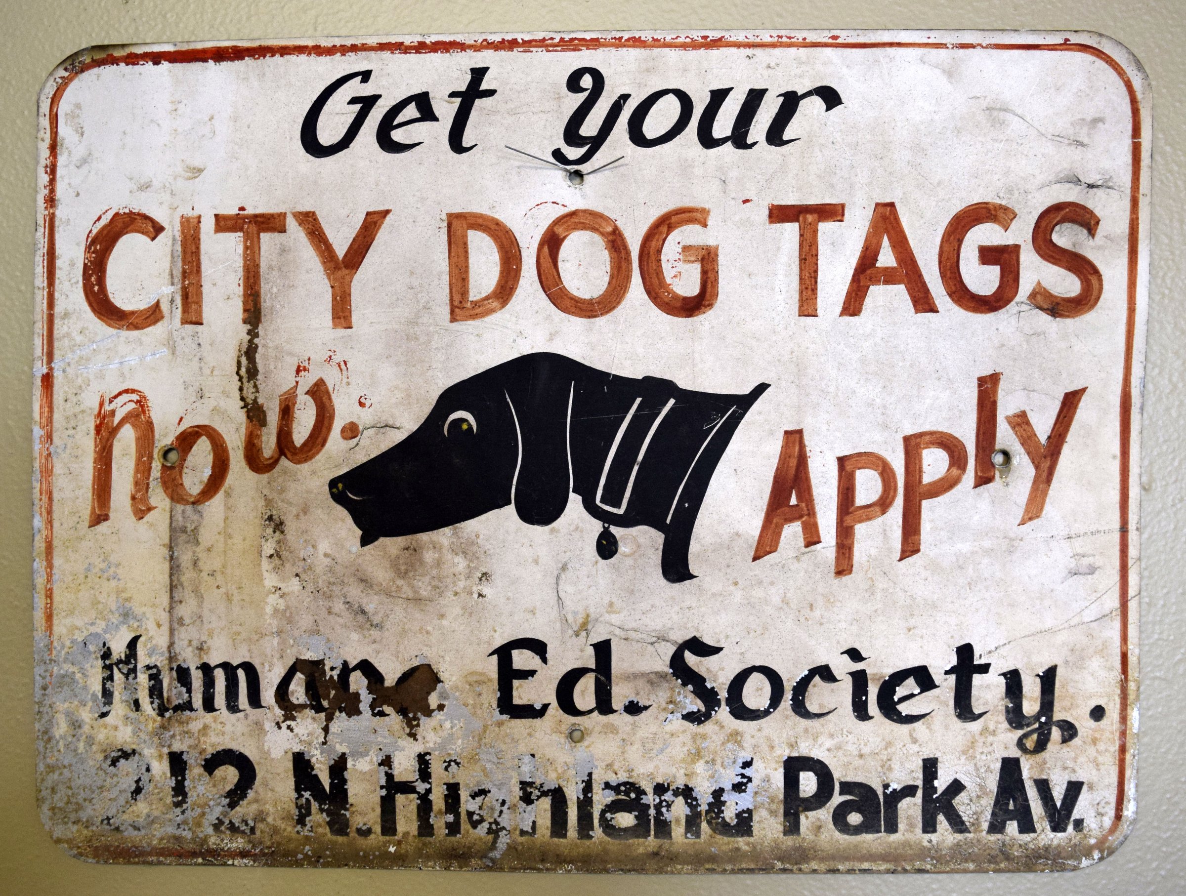 An old sign urging Chattanooga dog owners to get their tags in the early- to mid-1900s hangs on a wall at the Chattanooga Humane Educational Society building on North Highland Park Avenue on Oct. 29, 2019. / Staff photo by Ben Benton