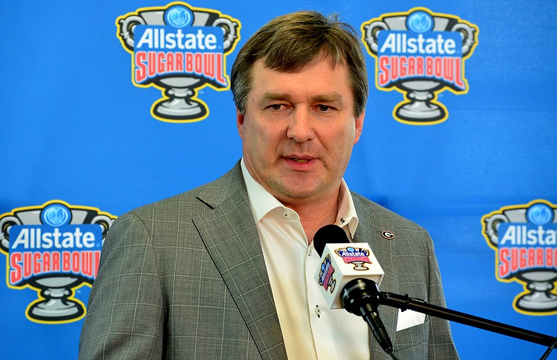 Georgia football coach Kirby Smart takes questions Friday after arriving in New Orleans for Wednesday night's Sugar Bowl against Baylor. / Georgia photo by Steven Colquitt