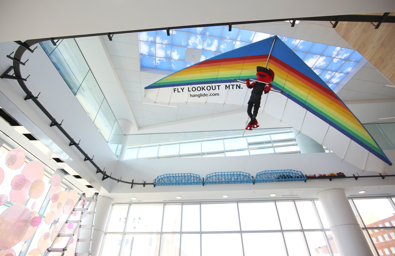 Several items have been incorporated into the design of Erlanger's new Children's Hospital to make it more inviting Wednesday, November 28, 2018 in Chattanooga, Tennessee. Some of the items include a model train that runs over a model of the Walnut Street Bridge as well as Looie the Lookout hang gliding.