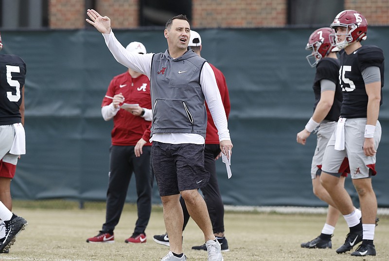 Alabama offensive coordinator Steve Sarkisian shouts instructions during a recent on-campus practice for Wednesday's Citrus Bowl against Michigan. / Alabama photo by Robert Sutton