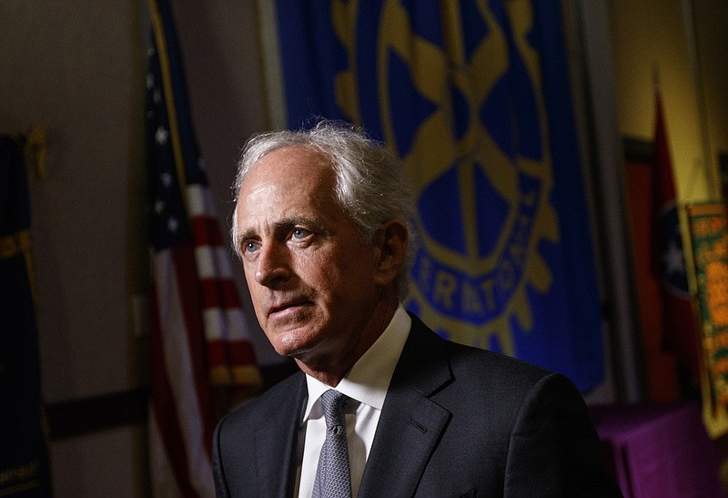 U.S. Sen. Bob Corker answers questions from reporters after speaking at a luncheon hosted by the Rotary Club of Cleveland at the Museum Center at 5ive Points on Tuesday, Aug. 15, 2017, in Chattanooga, Tenn. Corker took questions from rotarians about current events on topics including North Korea, healthcare and President Donald Trump. / Staff photo by Doug Strickland
