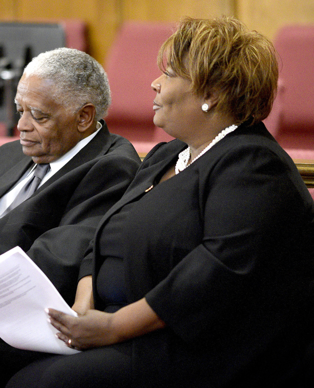 Staff Photo by Robin Rudd/   NAACP President Dr. Elenora Woods listens during the program.  Seated to her left is NAACP 1st Vice President and Jubilee Chairman George Calhoun.
