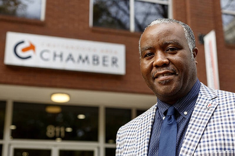 Director of Talent and Inclusion Darian Scott poses outside of the Chattanooga Area Chamber of Commerce. / Staff photo by C.B. Schmelter