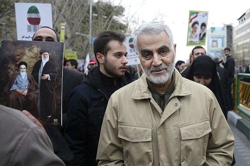 In this Thursday, Feb. 11, 2016, file photo, Qassem Soleimani, commander of Iran's Quds Force, attends an annual rally commemorating the anniversary of the 1979 Islamic revolution, in Tehran, Iran. Iraqi TV and three Iraqi officials said Friday, Jan. 3, 2020, that Gen. Qassim Soleimani, the head of Iran's elite Quds Force, has been killed in an airstrike at Baghdad's international airport. (AP Photo/Ebrahim Noroozi, File)