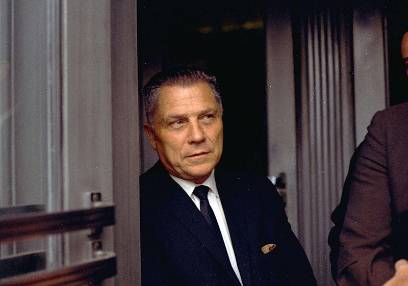 FILE - In this Aug. 21, 1969 file photo, Teamsters Union leader James Hoffa is shown in Chattanooga, Tenn. The FBI has seen enough merit in a reputed Mafia captain's tip to once again break out the digging equipment to search for the remains of Hoffa, last seen alive before a lunch meeting with two mobsters nearly 40 years ago. Tony Zerilli told his lawyer that Hoffa was buried beneath a concrete slab in a barn in a field in suburban Detroit in 1975. (AP Photo/File)