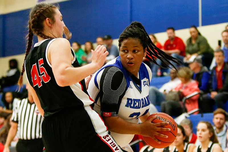 Signal Mountain's Olivia Koontz (45) guards Red Bank's Bailey Lee during a Best of Preps tournament semifinal Friday at Chattanooga State. / Staff photo by C.B. Schmelter