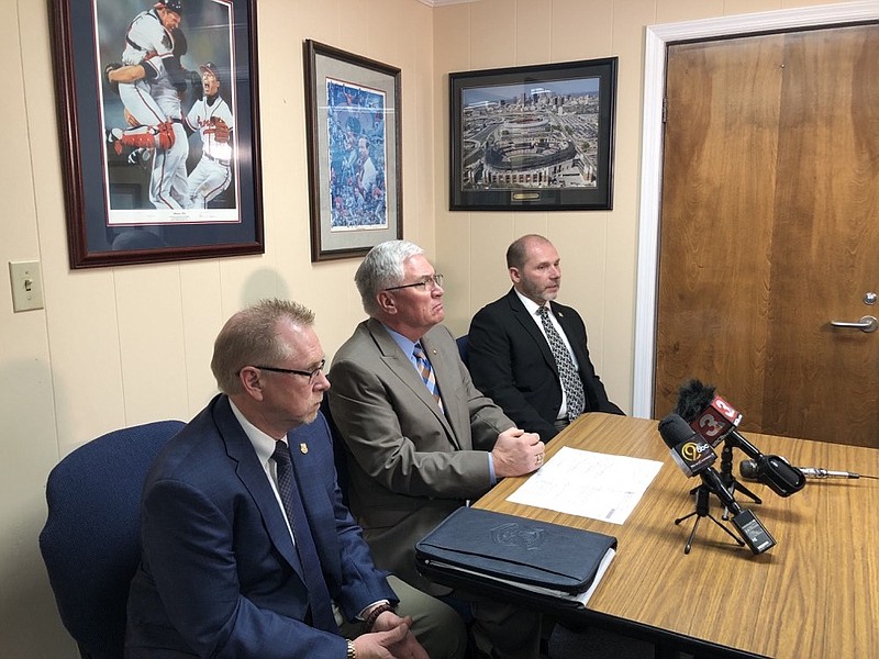 GBI special agent Joe Montgomery, Walker County Sheriff Steve Wilson, GBI special agent Steve Rogers announce the autopsy findings on Bentley Robbins, the 8-year-old who was found dead in the woods near his home in Walker County in the fall of 2019. / Staff photo by Patrick Filbin
