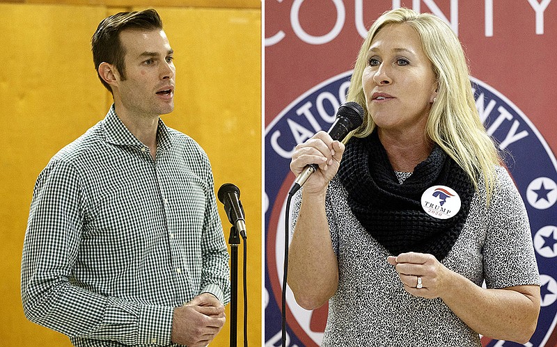 In this composite photo, Clayton Fuller, left, and Marjorie Greene speak during the Catoosa County Republican Party meeting on Monday, Jan. 6, 2020, in Ringgold, Ga. / Staff photos by C.B. Schmelter