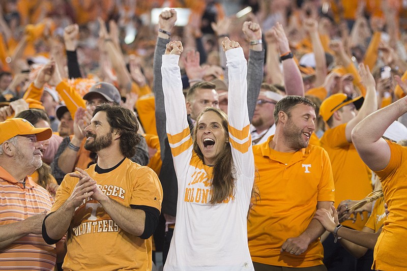 Tennessee fans react during the Gator Bowl NCAA college football game between Tennessee and Indiana in Jacksonville, Fla., Thursday, Jan. 2, 2020. Tennessee won 23-22. (Caitie McMekin/Knoxville News Sentinel via AP)