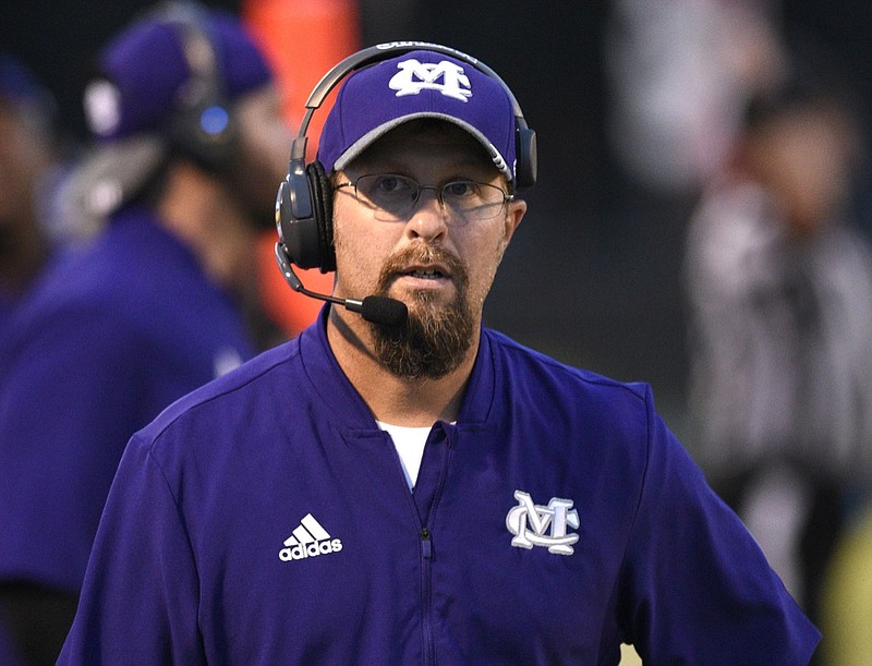 Joey Mathis is Marion County's head coach. The Marion County Warriors visited the South Pittsburg Pirates in a TSSAA rivalry game on September , 2018 / Staff Photo by Robin Rudd