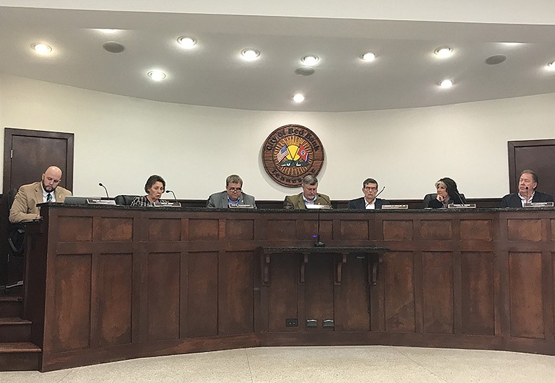 The Red Bank City Commission meets at city hall Tuesday, Jan. 7. From left are Commissioner Tyler Howell, Vice Mayor Ruth Jeno, City Manager Tim Thornbury, Mayor Eddie Pierce, City Attorney Arnold Stulce, and Commissioners Carol Rose and Ed LeCompte. / Staff photo by Emily Crisman