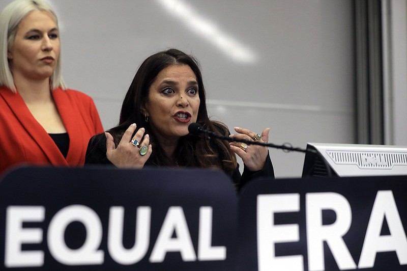 Kamala Lopez, right, president of Equal Means Equal, faces reporters as Natalie White, left, vice president of the organization, looks on during a news conference, Tuesday, Jan. 7, 2020, in Boston, held to address issues about a lawsuit filed in U.S. District Court. (AP Photo/Steven Senne)


