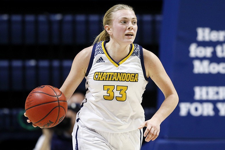 In this Dec. 29, 2019, staff file photo, UTC guard Lakelyn Bouldin (33) handles the ball against Ohio at McKenzie Arena on the campus of the University of Tennessee at Chattanooga. / Staff photo by C.B. Schmelter