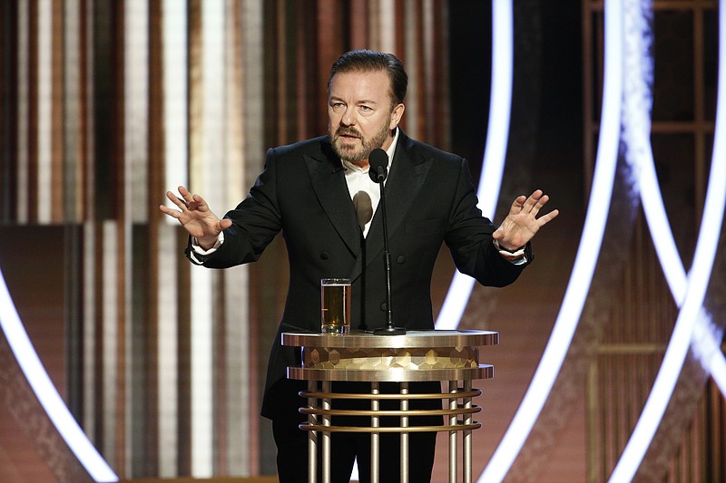 (Photo by Paul Drinkwater/NBC via AP / This image released by NBC shows host Ricky Gervais speaking at the 77th Annual Golden Globe Awards at the Beverly Hilton Hotel in Beverly Hills, on Sunday.