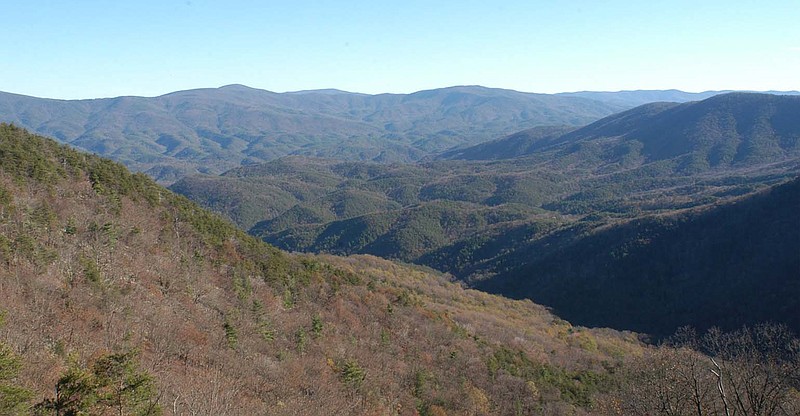 Staff Photo by Steve Davis. The Chattahoochee National Forest and Cohutta Wilderness are visible from the Cool Creek overlook in Fort Mountain State Park. The area is included in a potential timbering area in a new and controversial U.S. Forest Service plan.