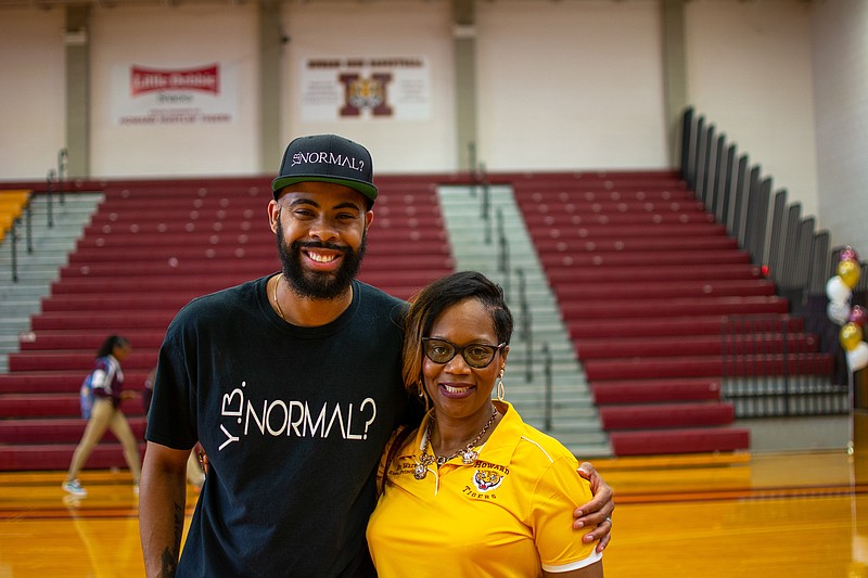 Y.B.Normal? co-leader Logan Taylor stands with The Howard School principal LeAndrea Ware, the 2019 Tennesee Principal of the Year, on the first day of school when Taylor addressed students. / Contributed photo by by Jonathan Royal of Royal Images