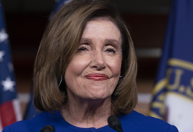 Speaker of the House Nancy Pelosi, D-Calif., arrives to meet with reporters following escalation of tensions this week between the U.S. and Iran, Thursday, Jan. 9, 2020, on Capitol Hill in Washington. (AP Photo/J. Scott Applewhite)

