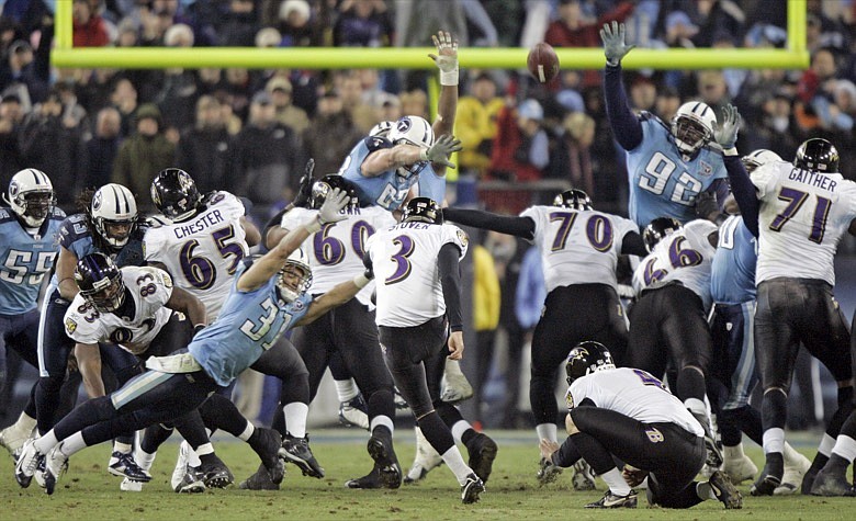 In this Jan 10, 2009, file photo, Baltimore Ravens' Matt Stover (3) kicks a 43-yard field goal with 53 seconds left in the fourth quarter to give the Ravens a 13-10 win over the Tennessee Titans in an NFL football divisional playoff game in Nashville, Tenn. Titans cornerback Cortland Finnegan (31) and defensive tackle Albert Haynesworth (92) try to block the kick. The Titans playing the Ravens in the divisional round Saturday night, Jan. 11, has revived strong memories of a very intense and bitter playoff rivalry along with the agony of possible Super Bowl titles lost. (AP Photo/Wade Payne, File)