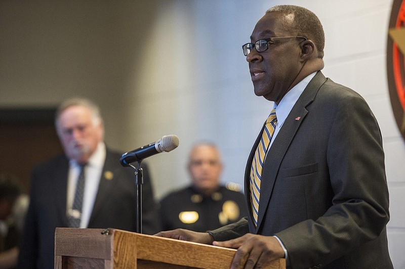 FILE- In this March 23, 2016 file photo, U.S. Attorney Ed Tarver addresses a news conference in Savannah, Ga. The former federal prosecutor who served under President Barack Obama says he plans to run for the seat of newly sworn-in Republican Sen. Kelly Loeffler of Georgia. Tarver of Augusta confirmed Friday, Jan. 10, 2020 that he plans to announce soon his campaign for the seat vacated by GOP Sen. Johnny Isakson. (Josh Galemore/Savannah Morning News via AP)


