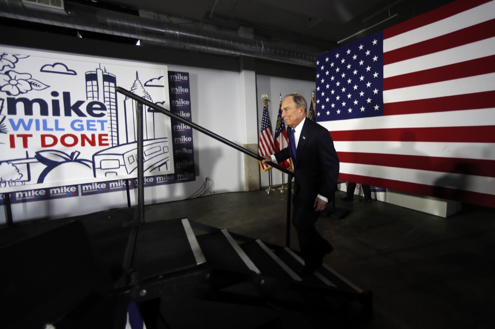 Democratic Presidential candidate and former New York City Mayor Michael Bloomberg step on stag to speak during a rally Friday, Jan. 10, 2020, in Atlanta. (AP Photo/John Bazemore)