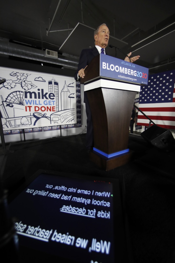 Democratic Presidential candidate and former New York City Mayor Michael Bloomberg speaks during a rally Friday, Jan. 10, 2020, in Atlanta. (AP Photo/John Bazemore)