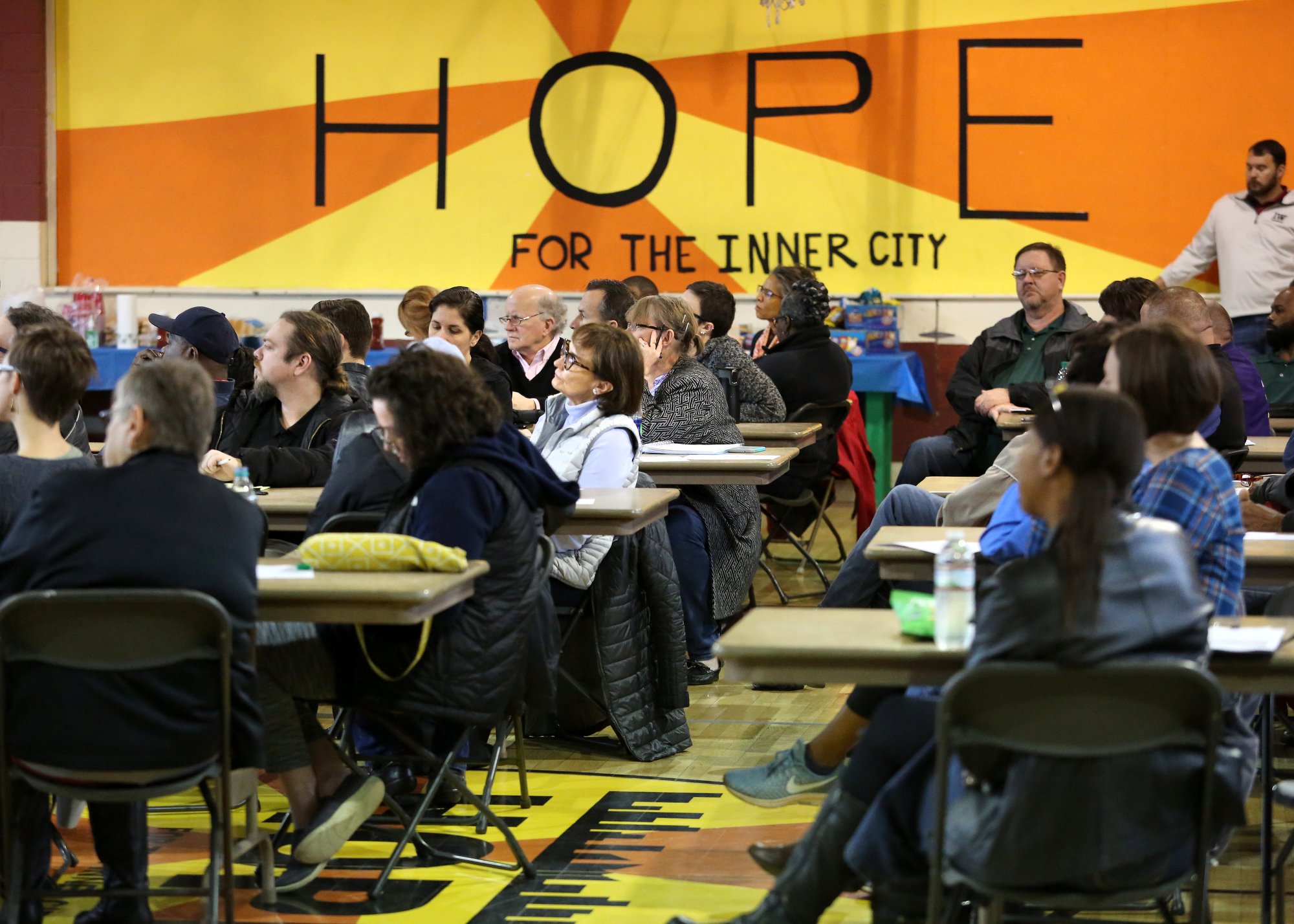 A crowd of about 100 people gathered for a town hall meeting to learn about what Community Benefits Agreements are and what it takes the form one Saturday, March 9, 2019 at Hope for the Inner City in Chattanooga, Tennessee. The meeting was hosted by Hope for the Inner City, Unity Group of Chattanooga, Chattanooga Area Labor Council, Chattanooga Organized for Action, Glass House Collective, Urban League of Greater Chattanooga and Accountability for Taxpayer Money.