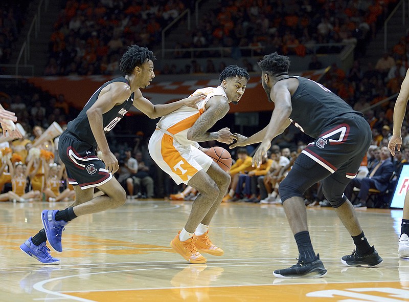 Tennessee's Jordan Bowden (23) sizes up the South Carolina defense during an NCAA college basketball game, Saturday, Jan. 11, 2020 at Thompson-Boling Arena in Knoxville Tenn. (Scott Keller/Knoxville News Sentinel via AP)