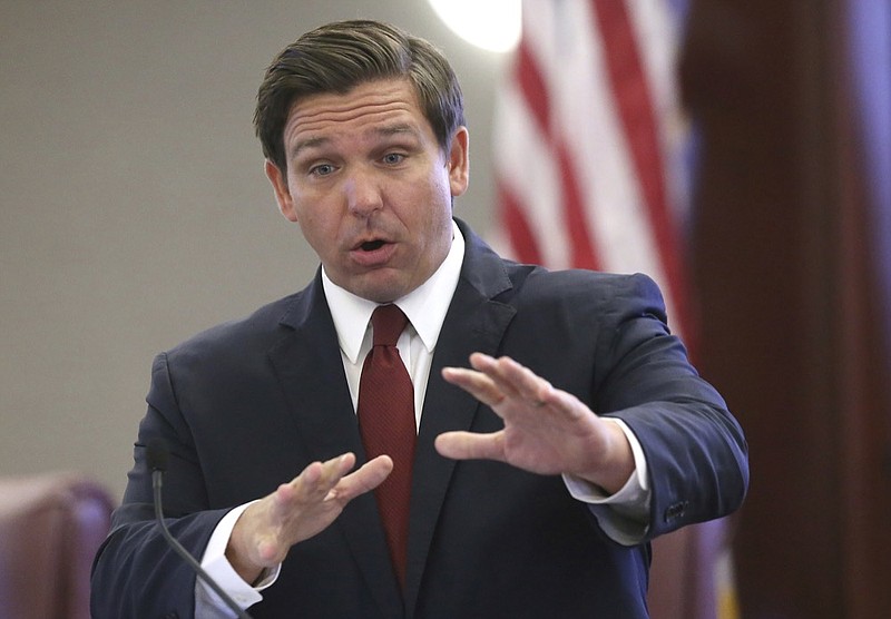 FILE - In this Tuesday, Oct. 29, 2019 file photo, Gov. Ron DeSantis speaks at pre-legislative news conference in Tallahassee, Fla. The 60-day Florida legislative session that begins Tuesday, Jan. 14, 2020, will have lawmakers considering everything from coconut patties to a state budget expected to exceed $90 billion. Lawmakers are also expected to address abortion rights, private gun sales and environmental issues such as the rise in sea level. (AP Photo/Steve Cannon, File)


